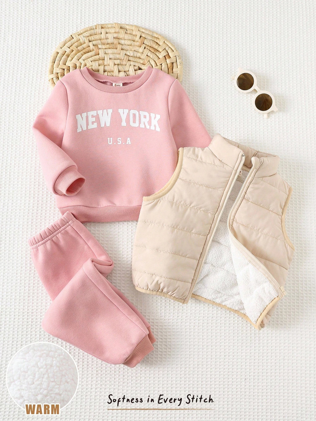 Ensemble 3 pièces multicolore pour bébé fille : sweat à capuche, gilet et pantalon à taille élastique