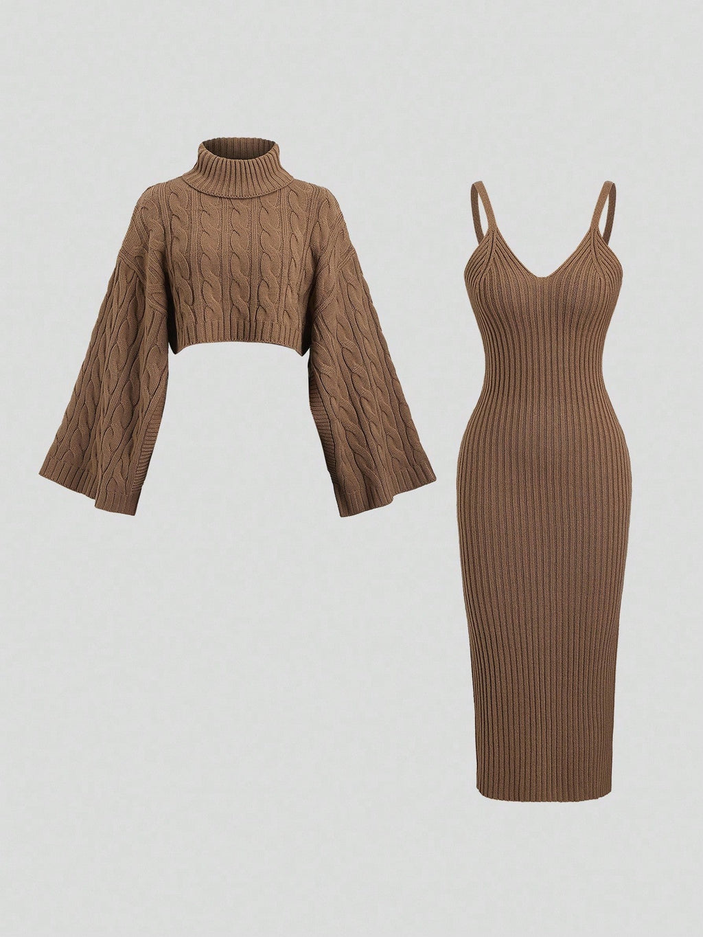 Sweetra Women's Coffee Brown High-Neck Cropped Sweater And Skirt Set