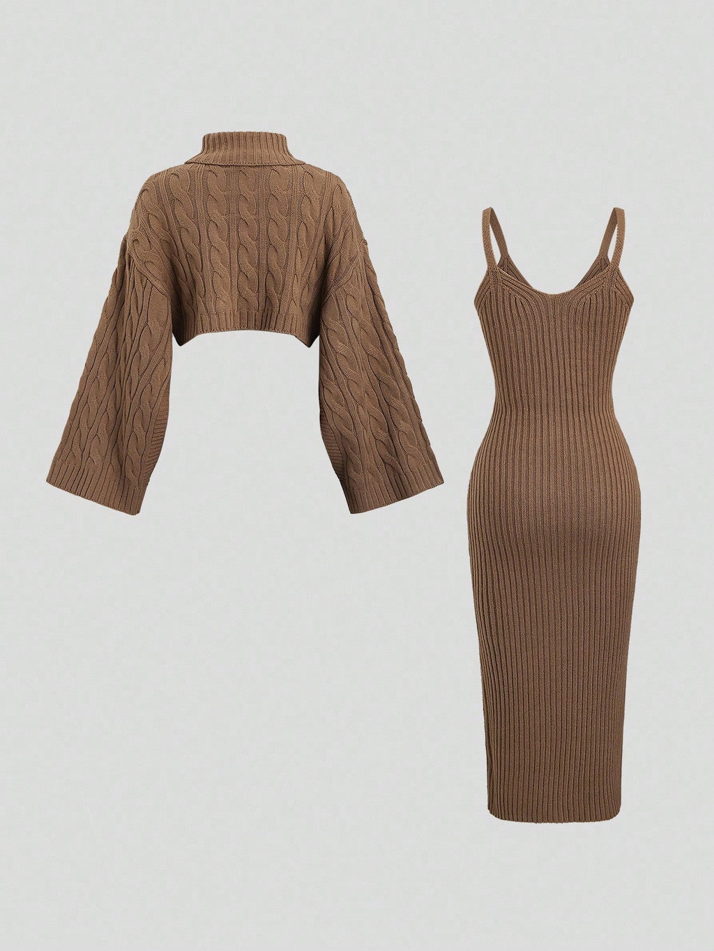 Sweetra Women's Coffee Brown High-Neck Cropped Sweater And Skirt Set