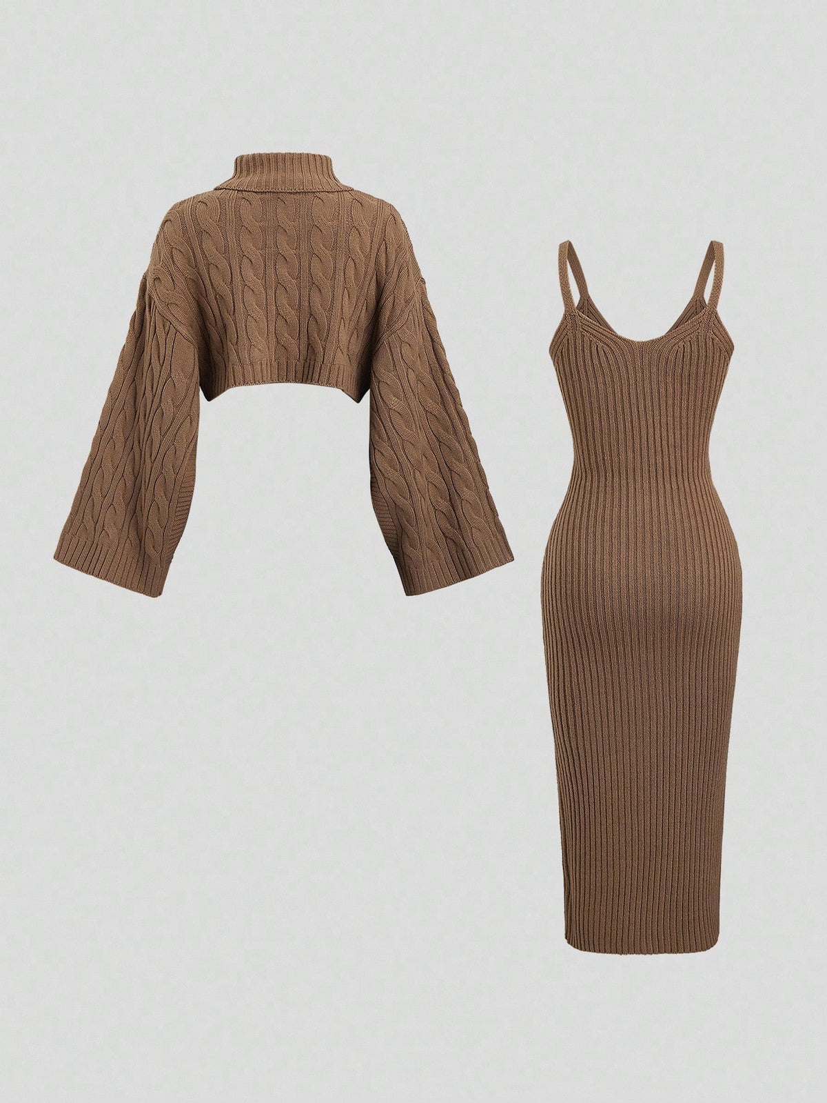 Sweetra Women's Coffee Brown High-Neck Cropped Sweater And Skirt Set