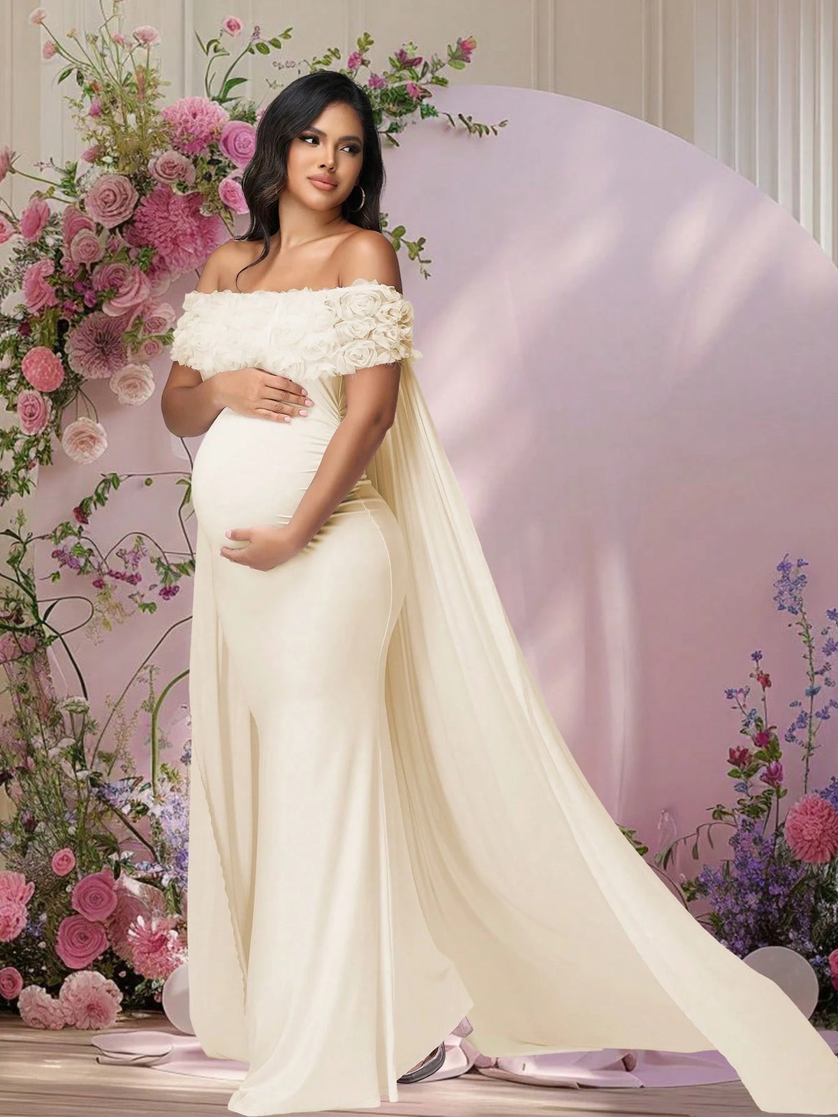 JustVH Maternity Apricot Floral Off-Shoulder Mesh Cape Long Dress