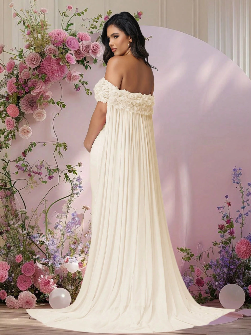 JustVH Maternity Apricot Floral Off-Shoulder Mesh Cape Long Dress