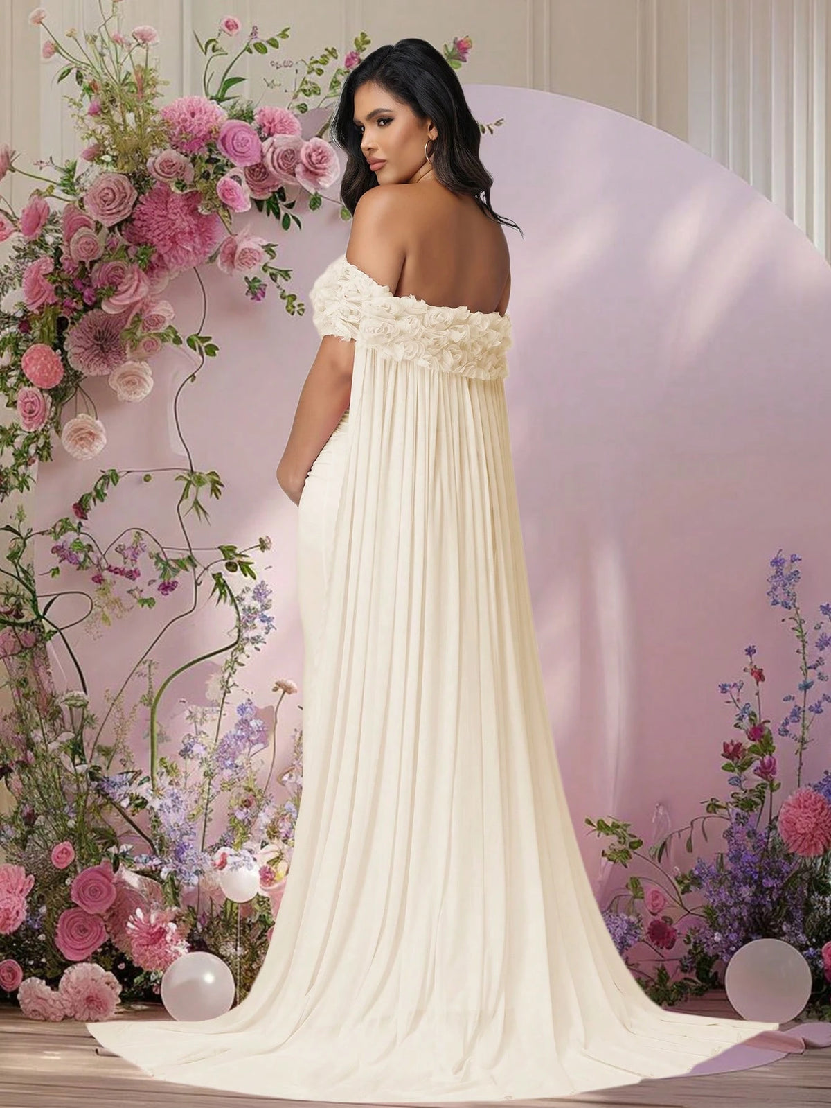JustVH Maternity Apricot Floral Off-Shoulder Mesh Cape Long Dress