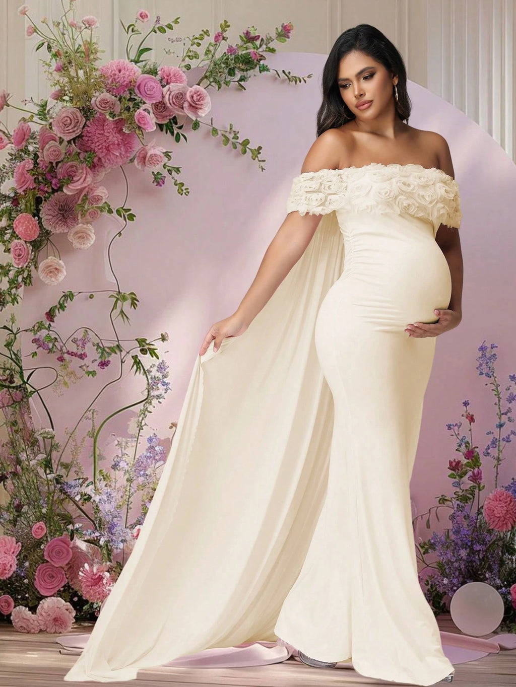 JustVH Maternity Apricot Floral Off-Shoulder Mesh Cape Long Dress