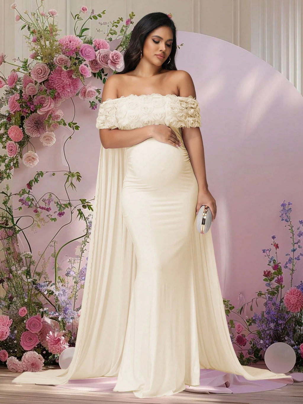 JustVH Maternity Apricot Floral Off-Shoulder Mesh Cape Long Dress