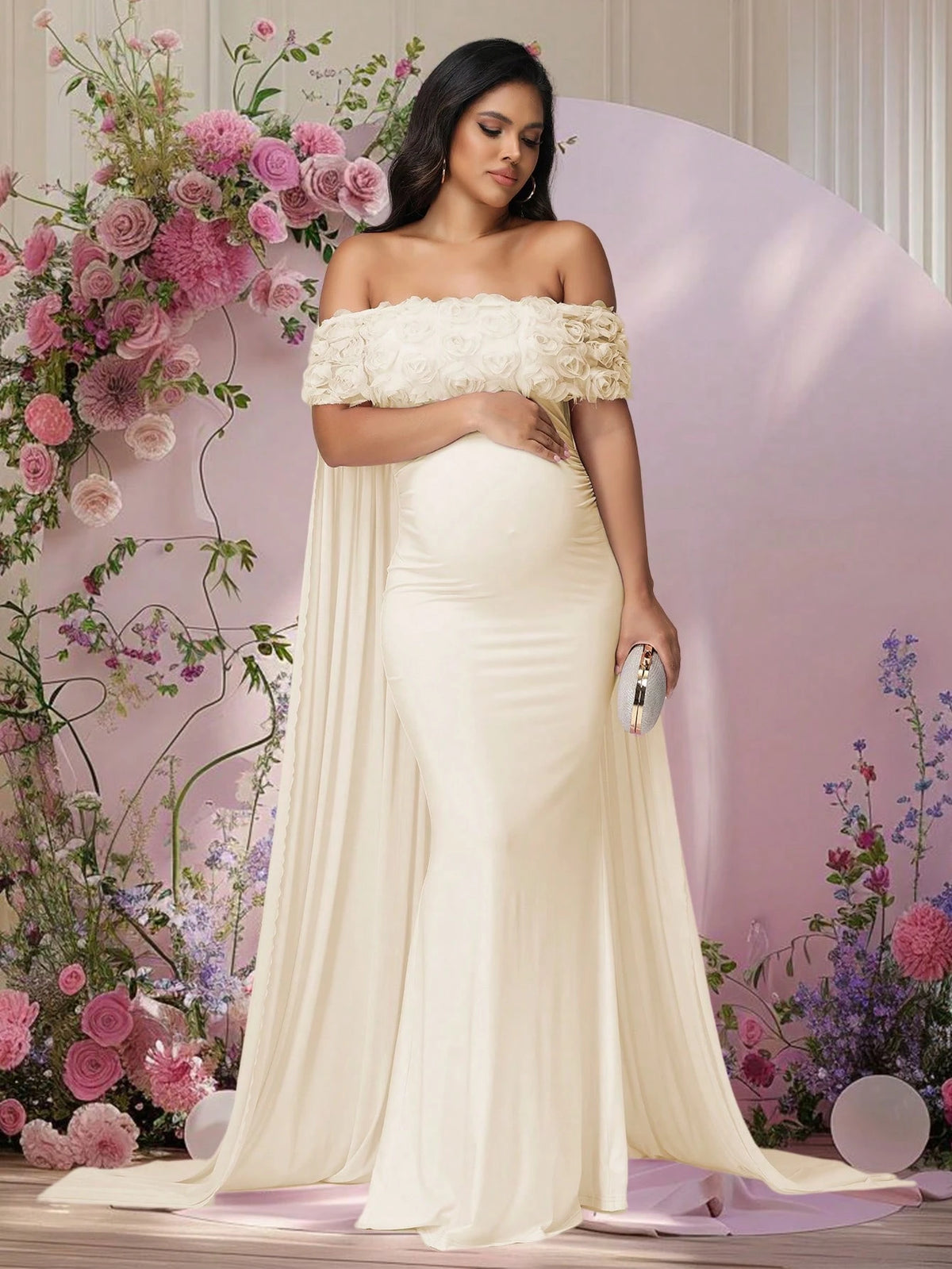 JustVH Maternity Apricot Floral Off-Shoulder Mesh Cape Long Dress