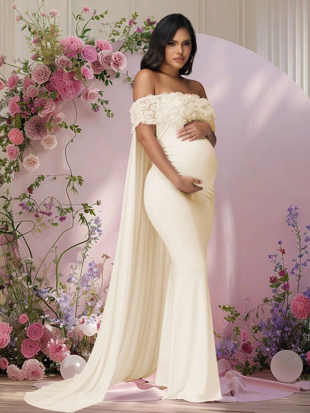 JustVH Maternity Apricot Floral Off-Shoulder Mesh Cape Long Dress