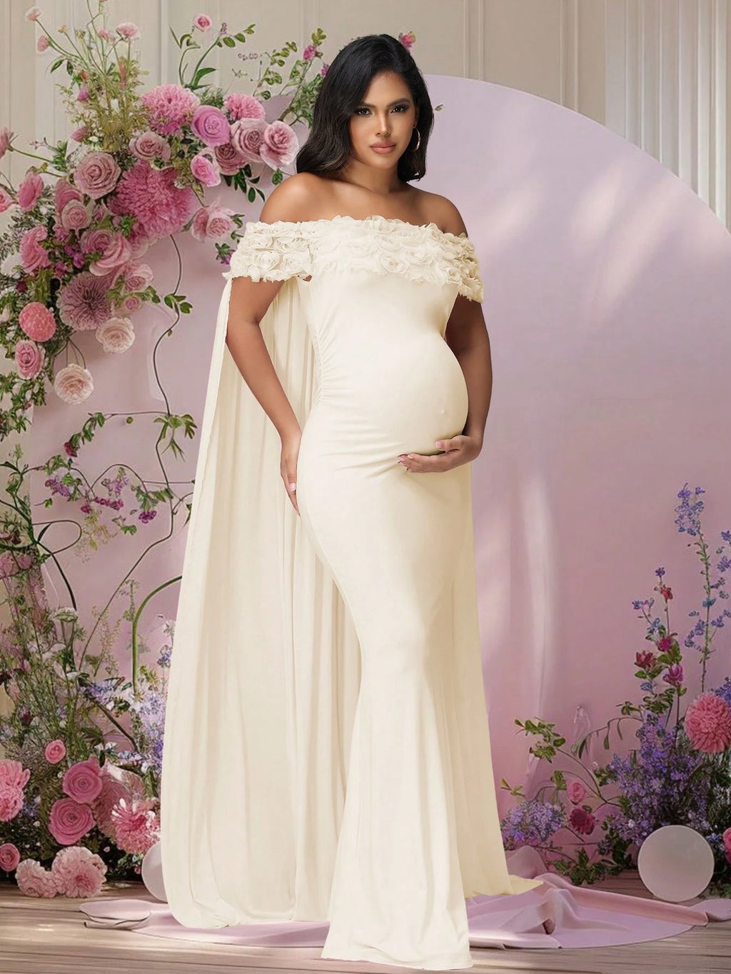 JustVH Maternity Apricot Floral Off-Shoulder Mesh Cape Long Dress