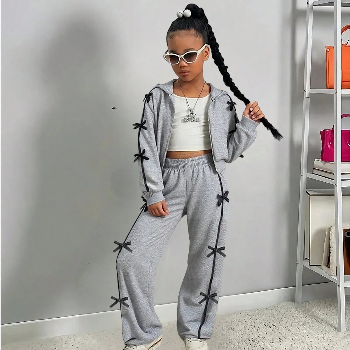 Girl Bow Decor Short Hooded Sweatshirt Wide Leg Pants 2 Piece Set
