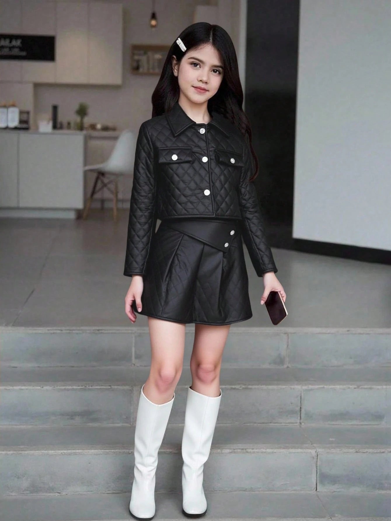 Tween Girl Flap Detail Quilted Jacket & Skirt Black