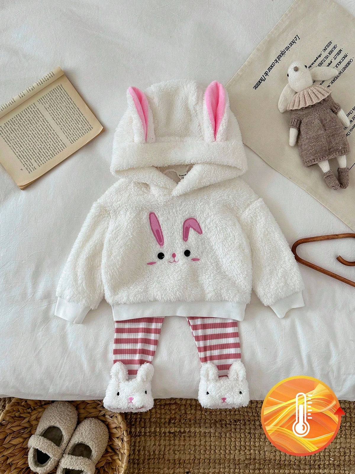 Baby Girl Rabbit Embroidered Ear Sweatshirt Striped Pants Set