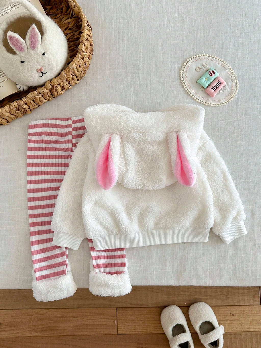 Baby Girl Rabbit Embroidered Ear Sweatshirt Striped Pants Set