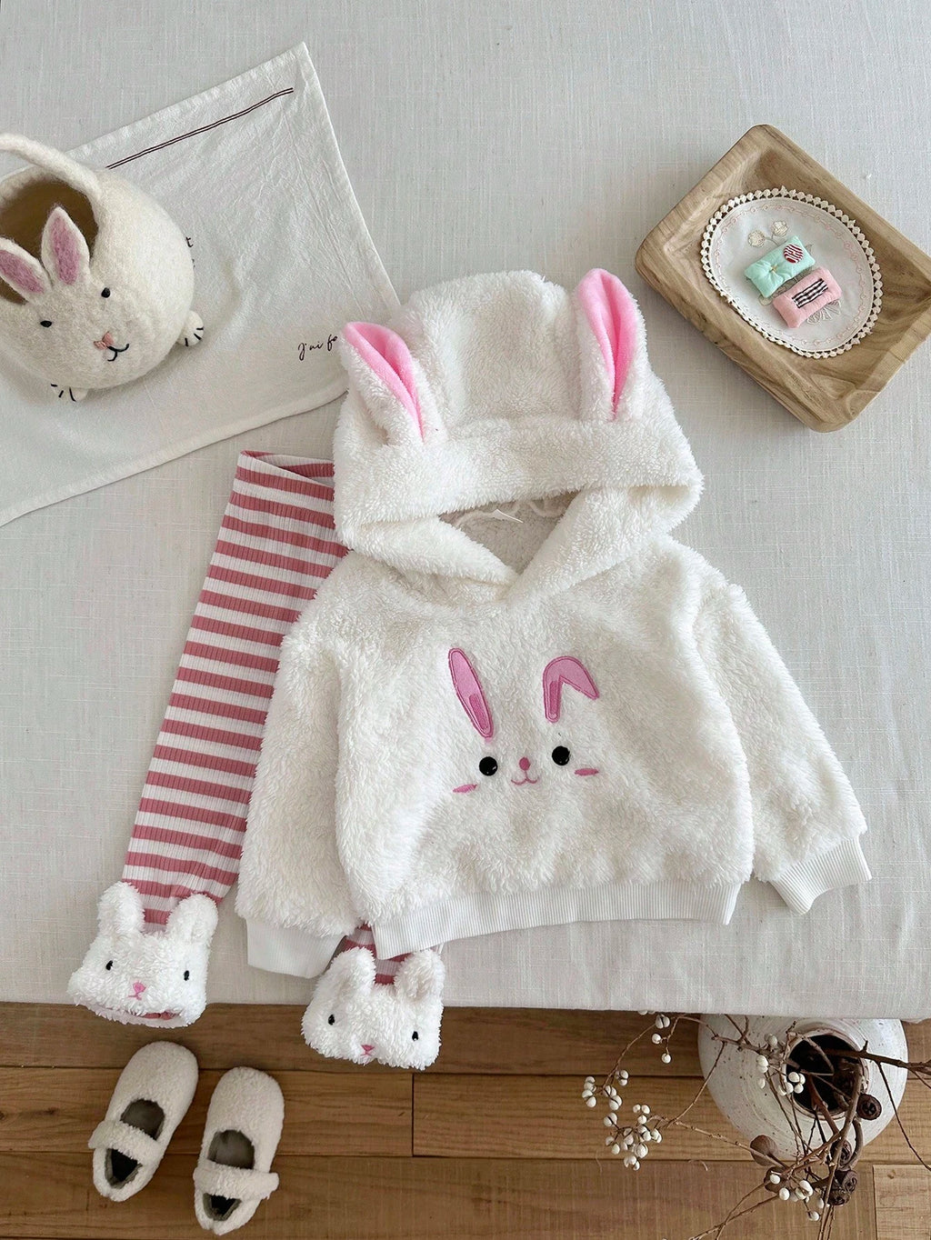Baby Girl Rabbit Embroidered Ear Sweatshirt Striped Pants Set