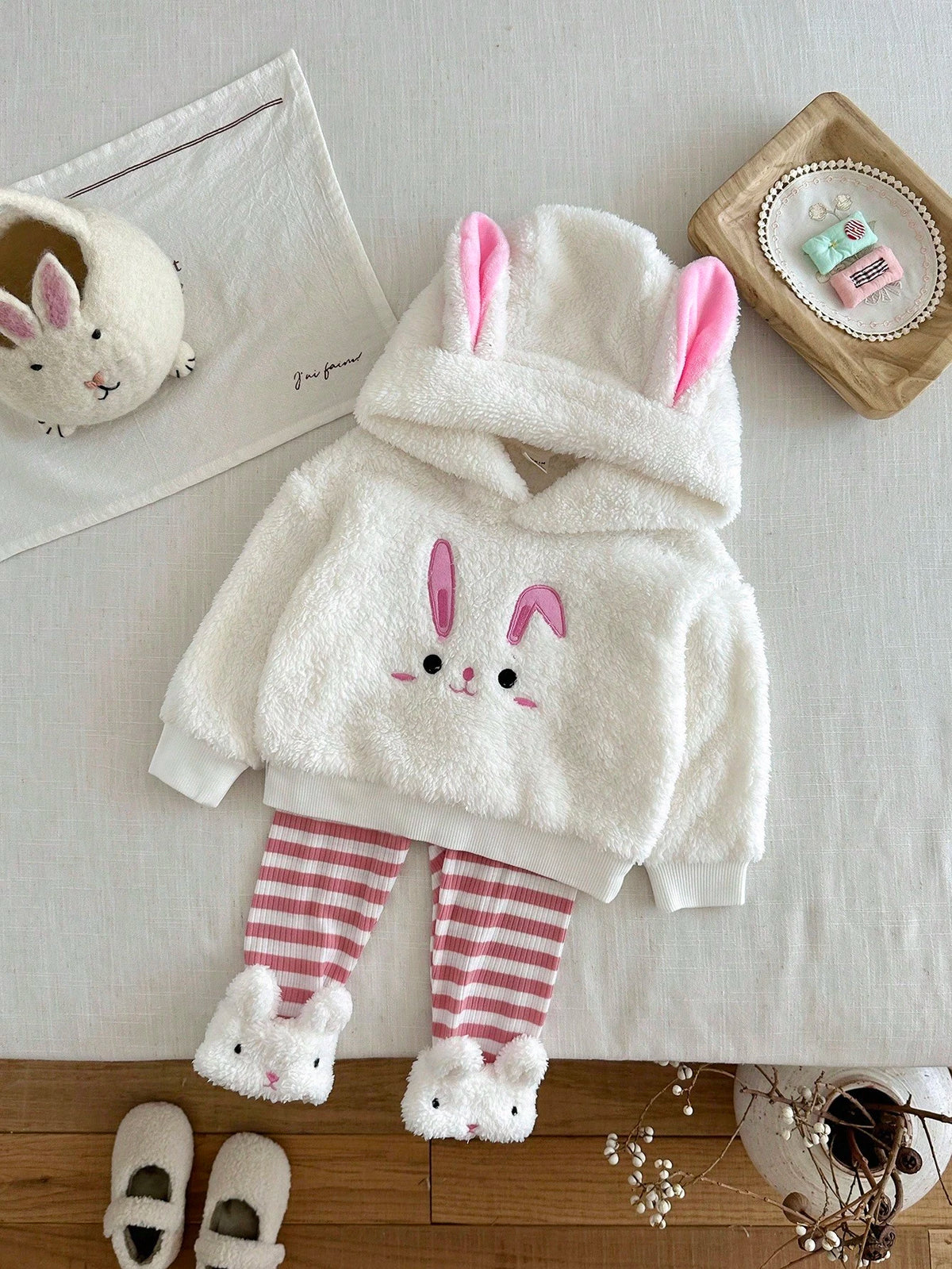Baby Girl Rabbit Embroidered Ear Sweatshirt Striped Pants Set