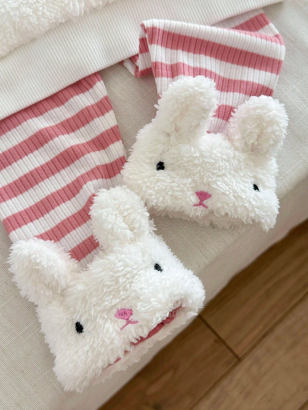 Baby Girl Rabbit Embroidered Ear Sweatshirt Striped Pants Set