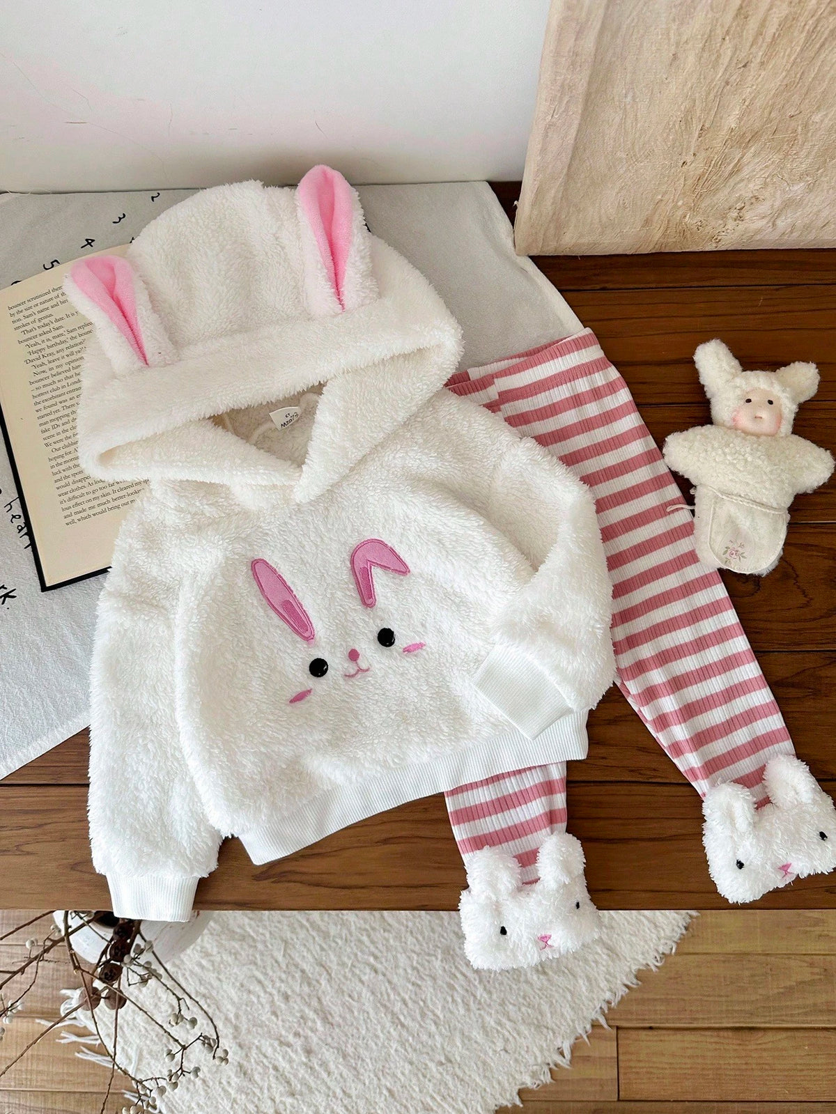 Baby Girl Rabbit Embroidered Ear Sweatshirt Striped Pants Set