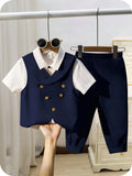 Baby Boy 2-Piece Navy Blue & Grey Gentleman Suit Set with Vest and Elastic Pants