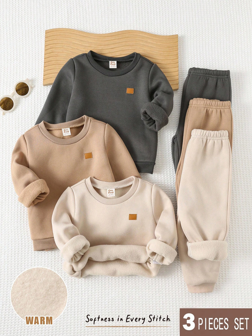 Ensemble 3 pièces sweat-shirt et pantalon en tissu tissé Cozy Pixies pour bébé garçon, couleur marron