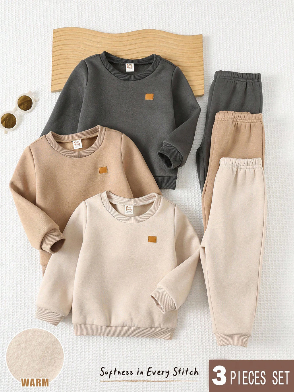 Ensemble 3 pièces sweat-shirt et pantalon en tissu tissé Cozy Pixies pour bébé garçon, couleur marron