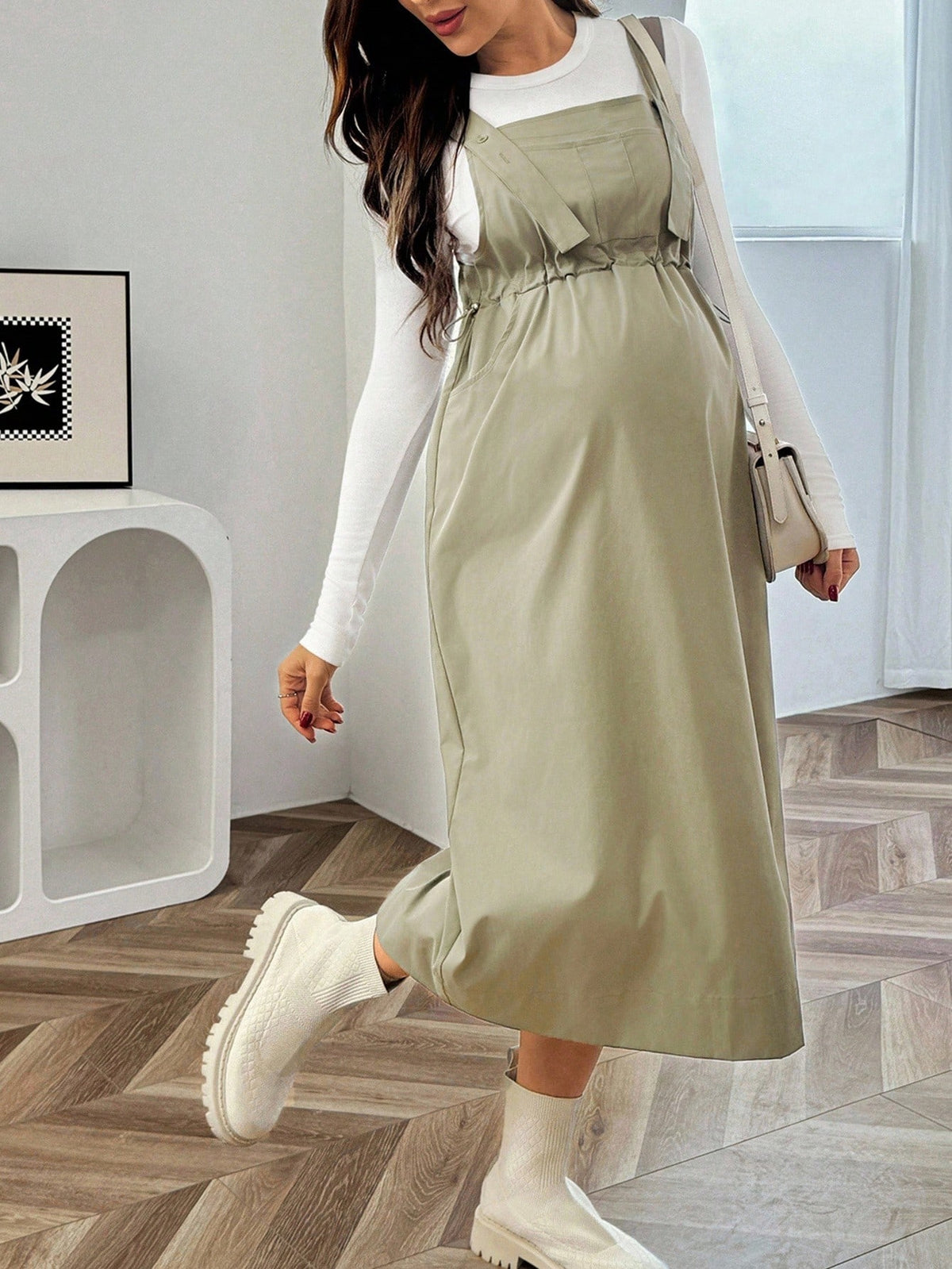 Robe chasuble midi unie de maternité avec poches