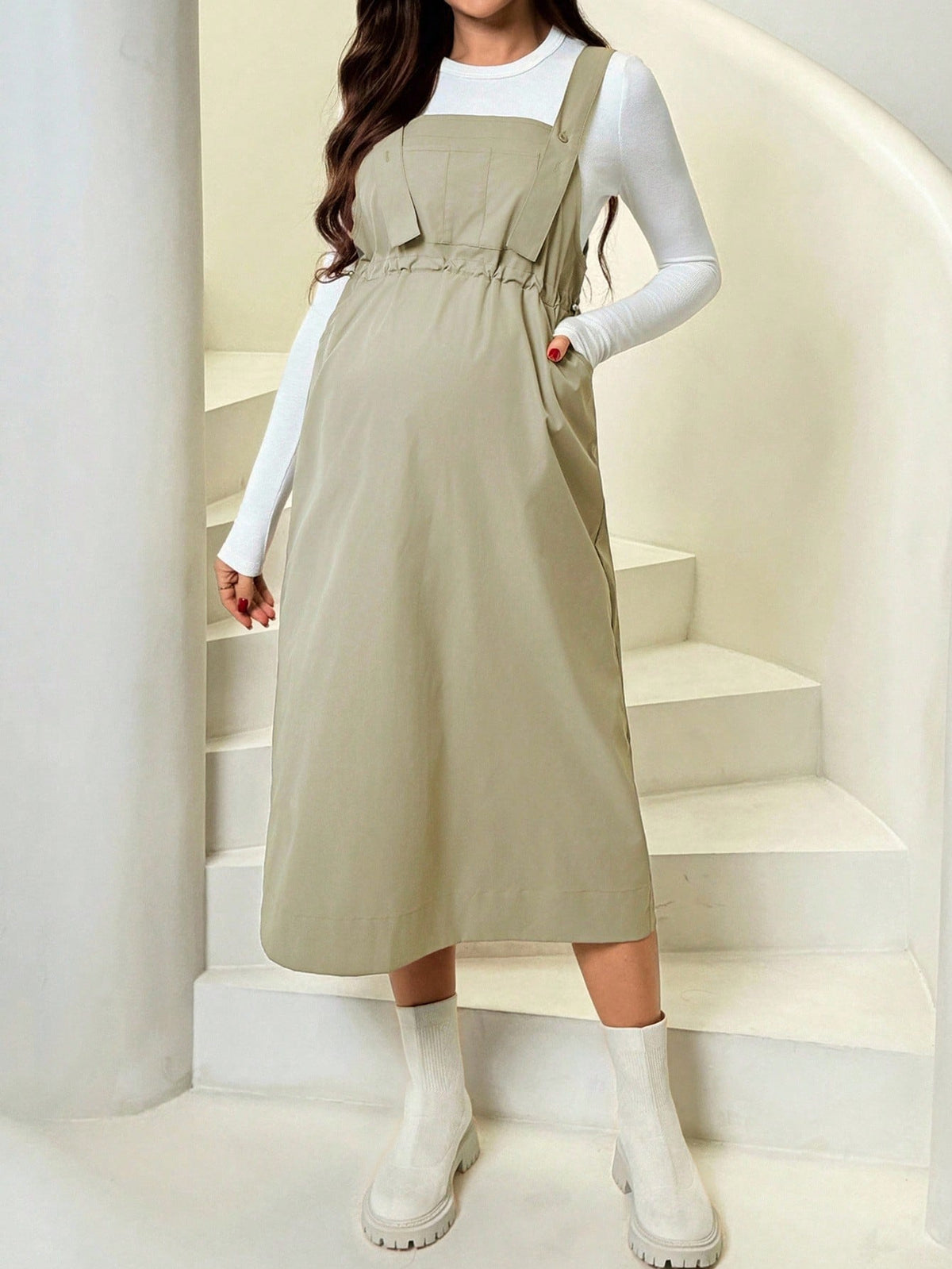 Robe chasuble midi unie de maternité avec poches