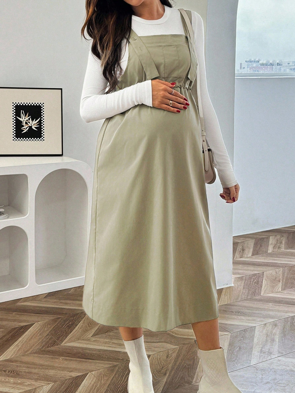 Maternity Solid Midi Pinafore Dress With Pockets