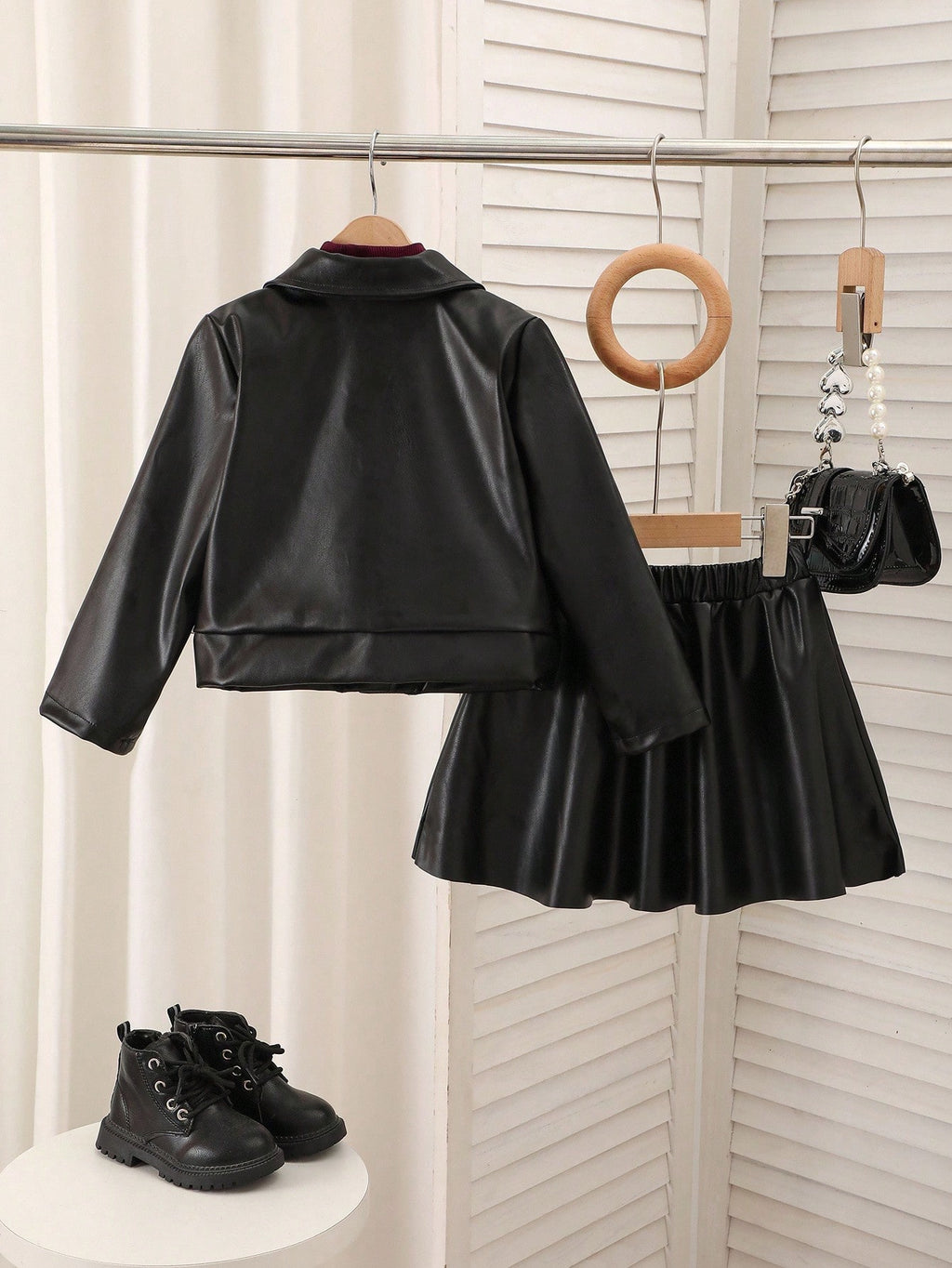 Young Girl Motorcycle PU Leather Jacket Skirt 2 Piece Set