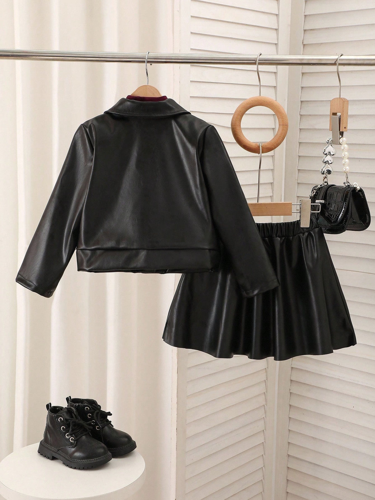 Young Girl Motorcycle PU Leather Jacket Skirt 2 Piece Set