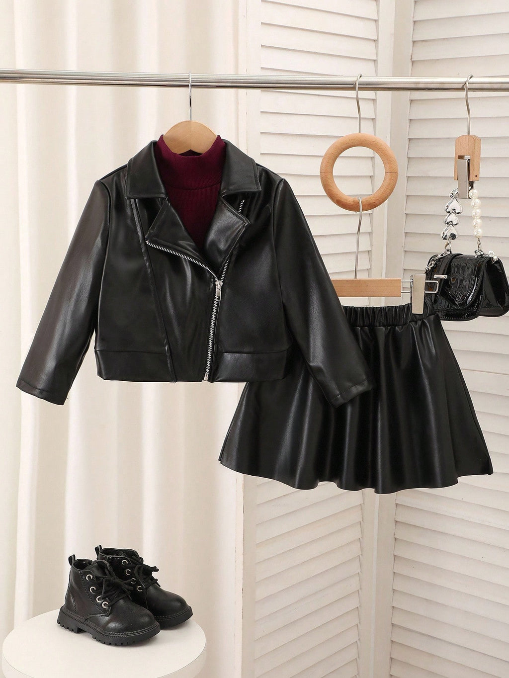 Young Girl Motorcycle PU Leather Jacket Skirt 2 Piece Set