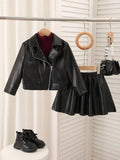 Young Girl Motorcycle PU Leather Jacket Skirt 2 Piece Set