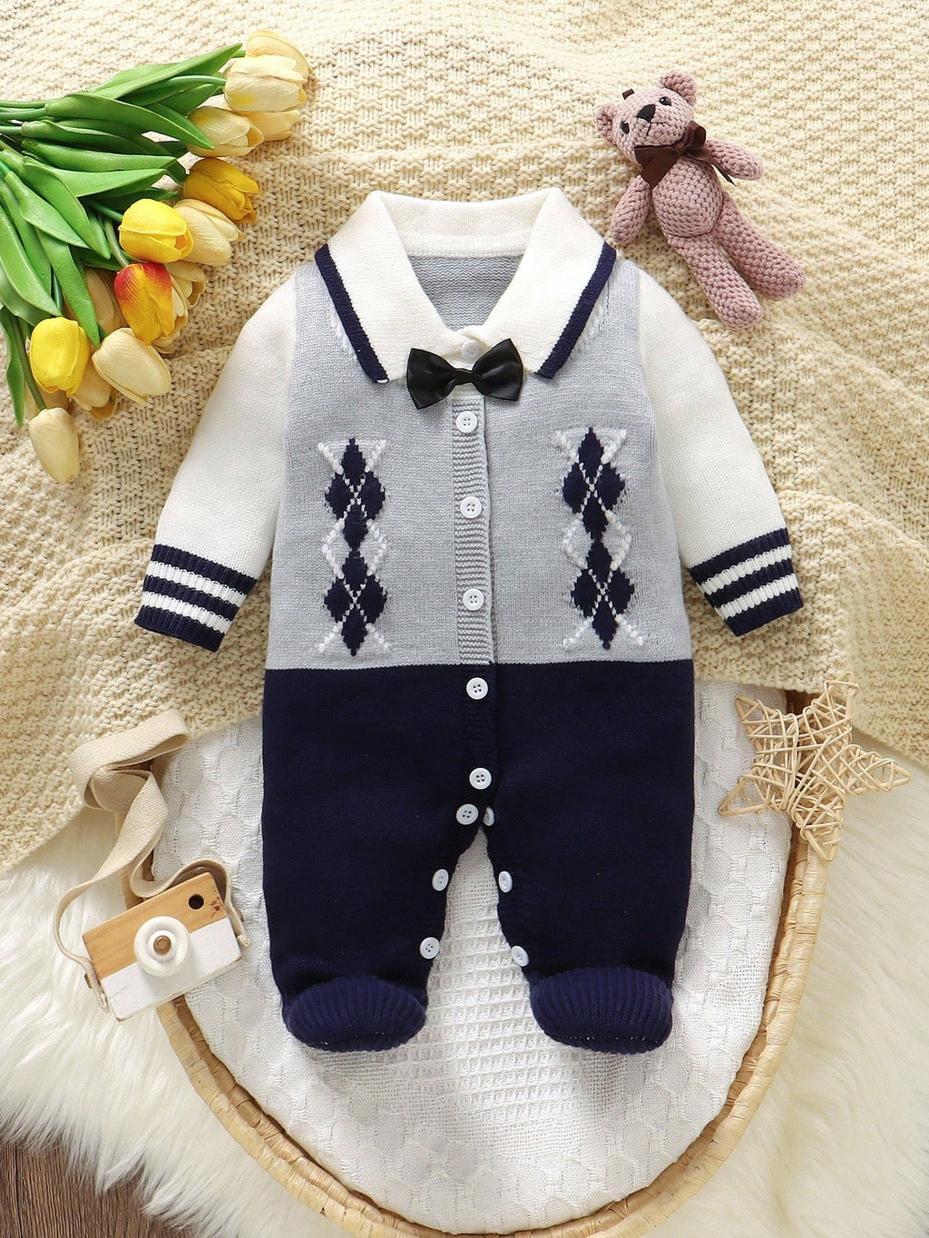 Baby Boy Royal Blue Diamond Knitted Romper