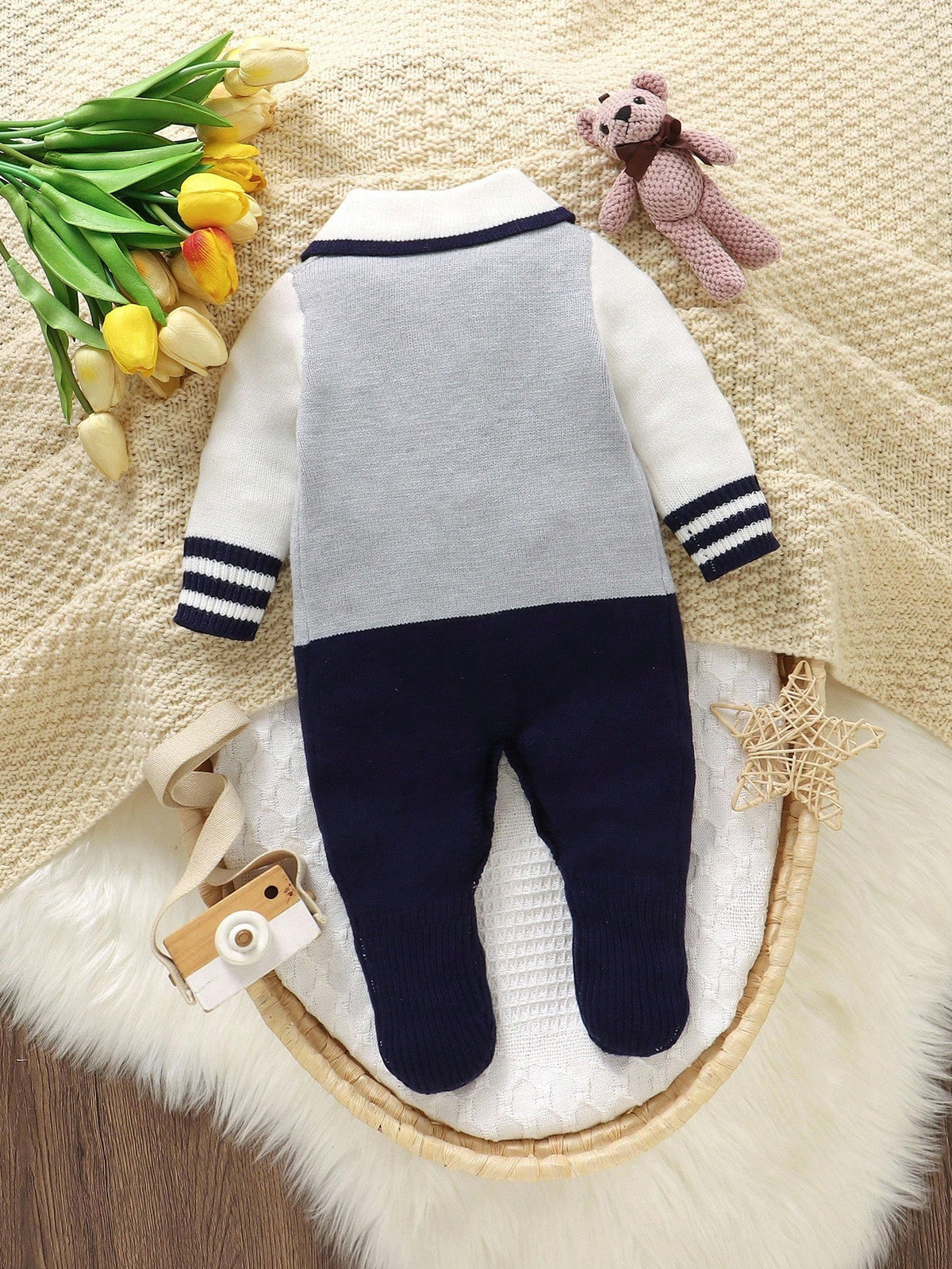 Baby Boy Royal Blue Diamond Knitted Romper