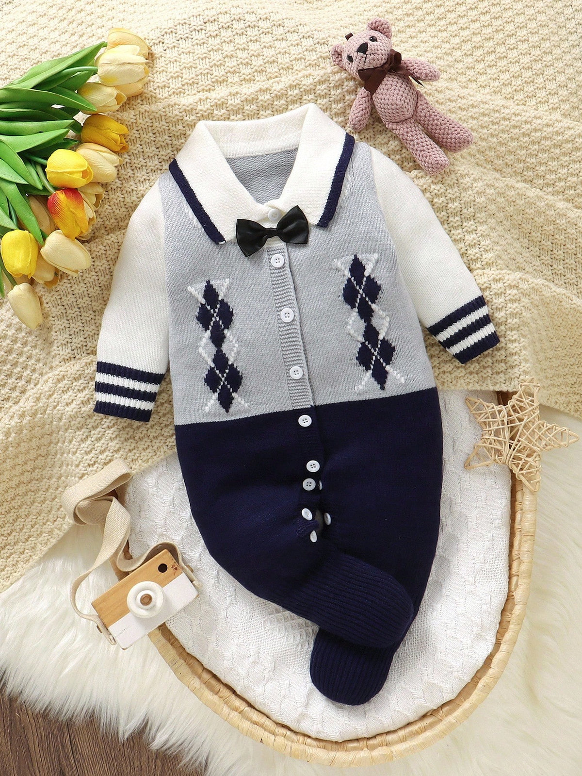 Baby Boy Royal Blue Diamond Knitted Romper