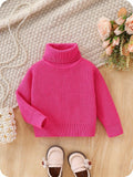 Pull tricoté à col roulé rouge à manches longues pour bébé fille