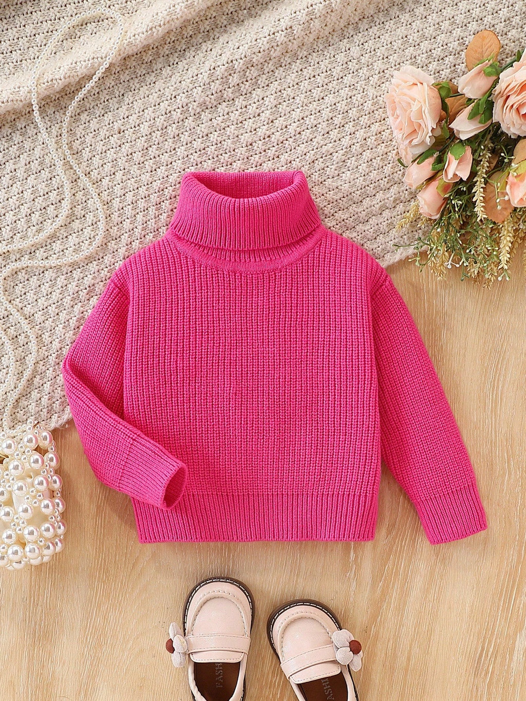 Pull tricoté à col roulé rouge à manches longues pour bébé fille