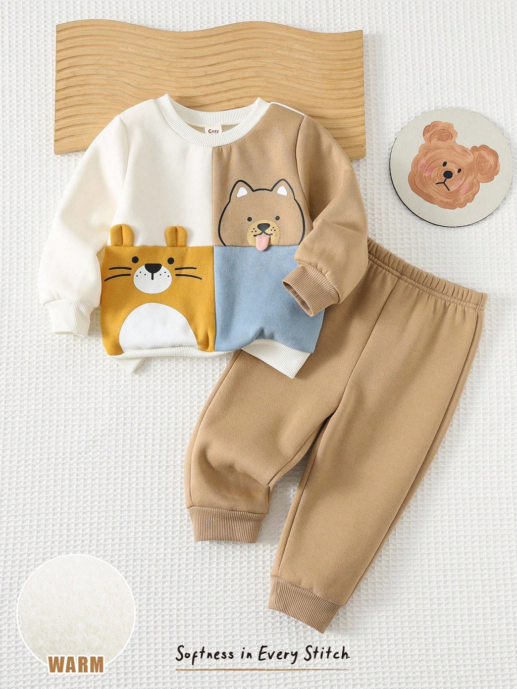 Ensemble sweat et pantalon patchwork animaux Cozy Pixies pour bébé garçon, couleur abricot