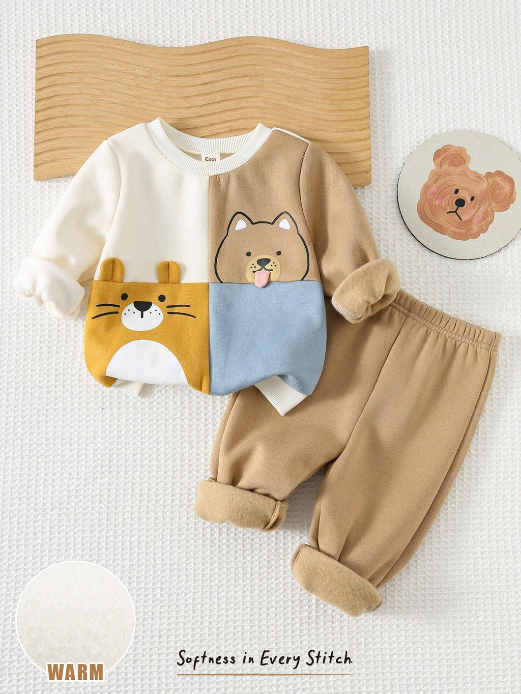 Ensemble sweat et pantalon patchwork animaux Cozy Pixies pour bébé garçon, couleur abricot