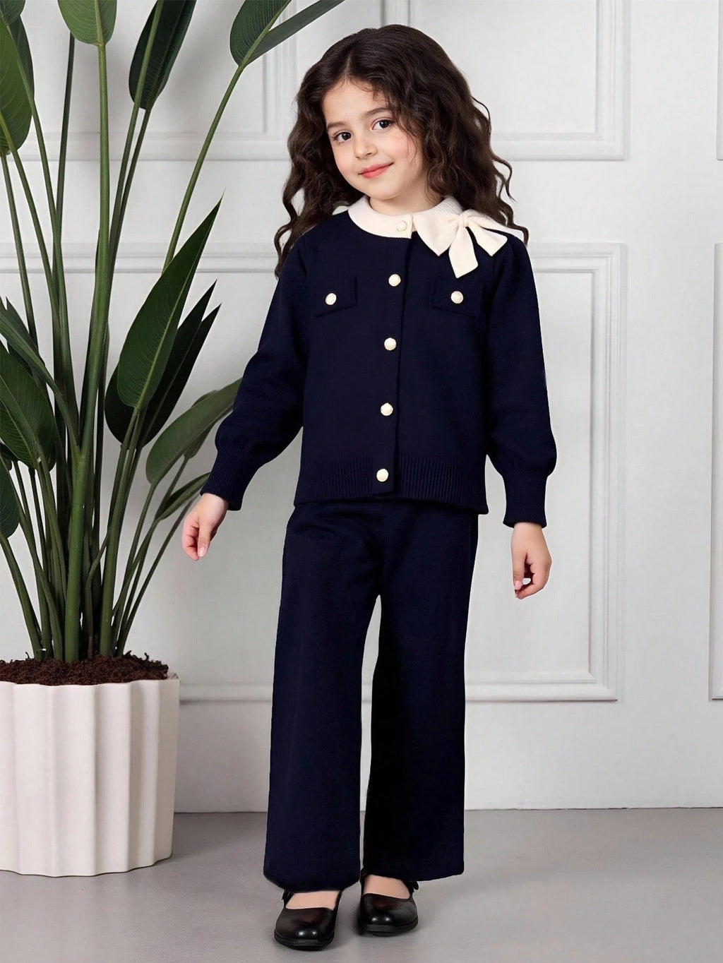 Young Girl 3D Bow Frill Trim Knit Cardigan Pants 2 Piece Set