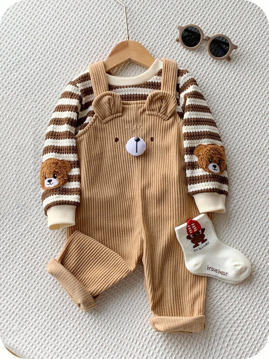 Salopette en velours côtelé et sweatshirt rayé pour bébé, ensemble 2 pièces