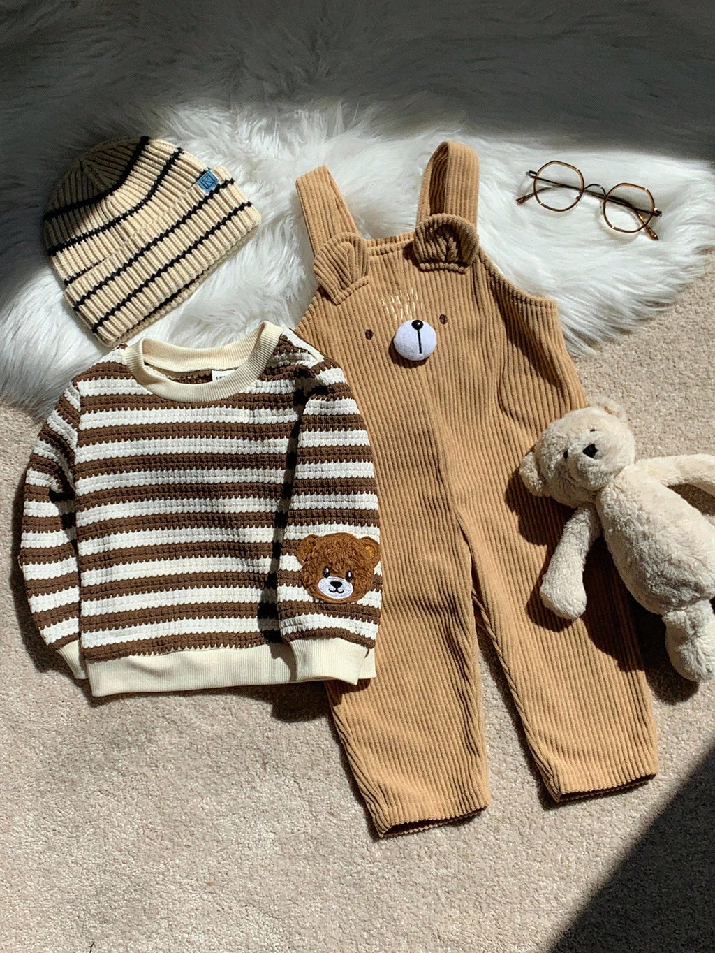 Salopette en velours côtelé et sweatshirt rayé pour bébé, ensemble 2 pièces