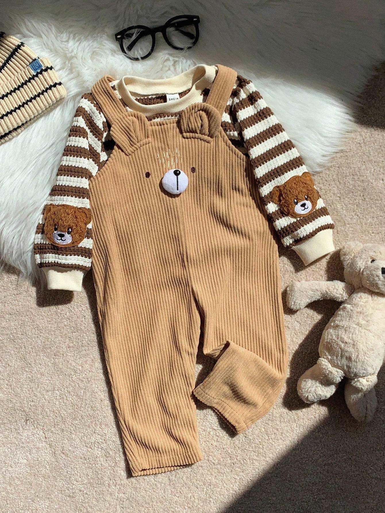 Salopette en velours côtelé et sweatshirt rayé pour bébé, ensemble 2 pièces