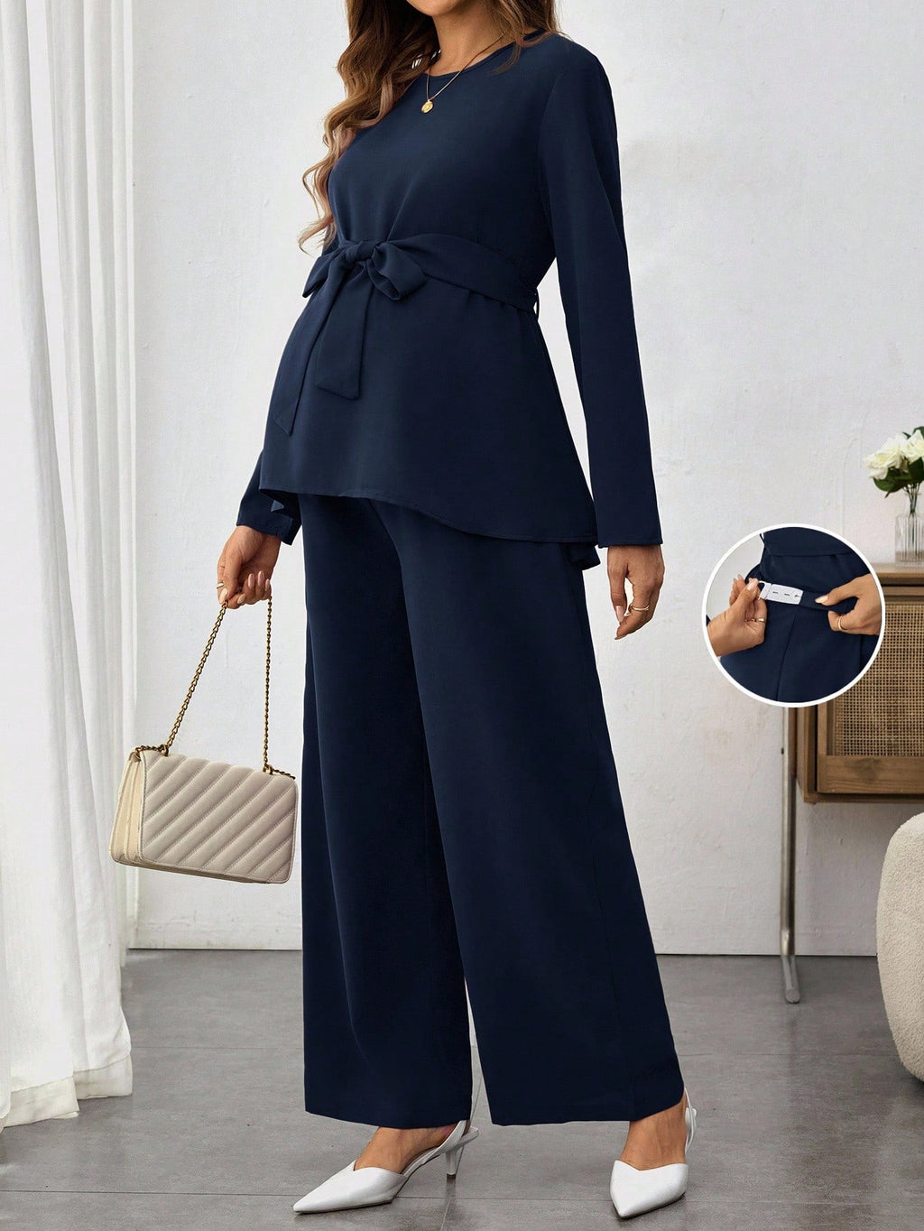 Maternity Long Sleeve Shirt & Wide-Leg Adjustable Pants Set Blue