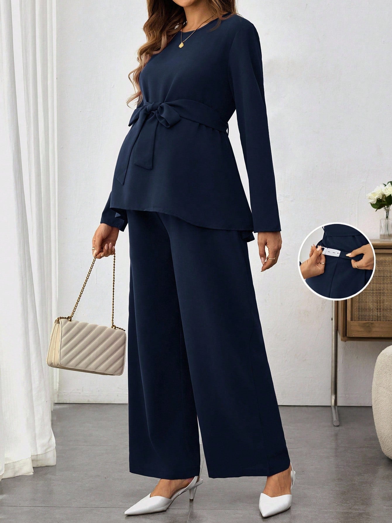 Maternity Long Sleeve Shirt & Wide-Leg Adjustable Pants Set Blue