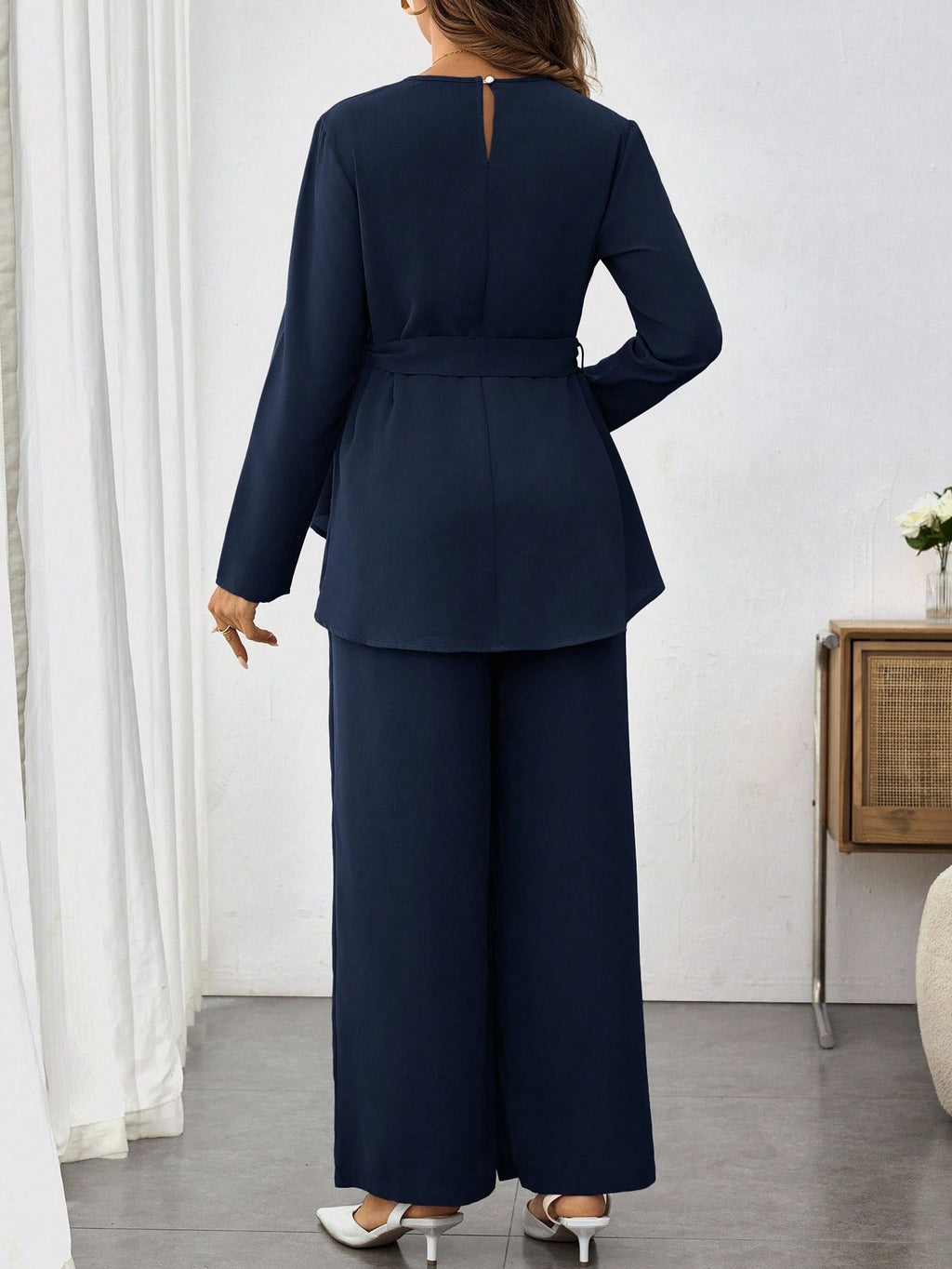 Maternity Long Sleeve Shirt & Wide-Leg Adjustable Pants Set Blue