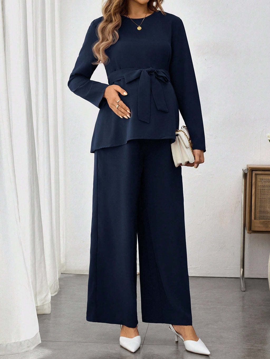 Maternity Long Sleeve Shirt & Wide-Leg Adjustable Pants Set Blue