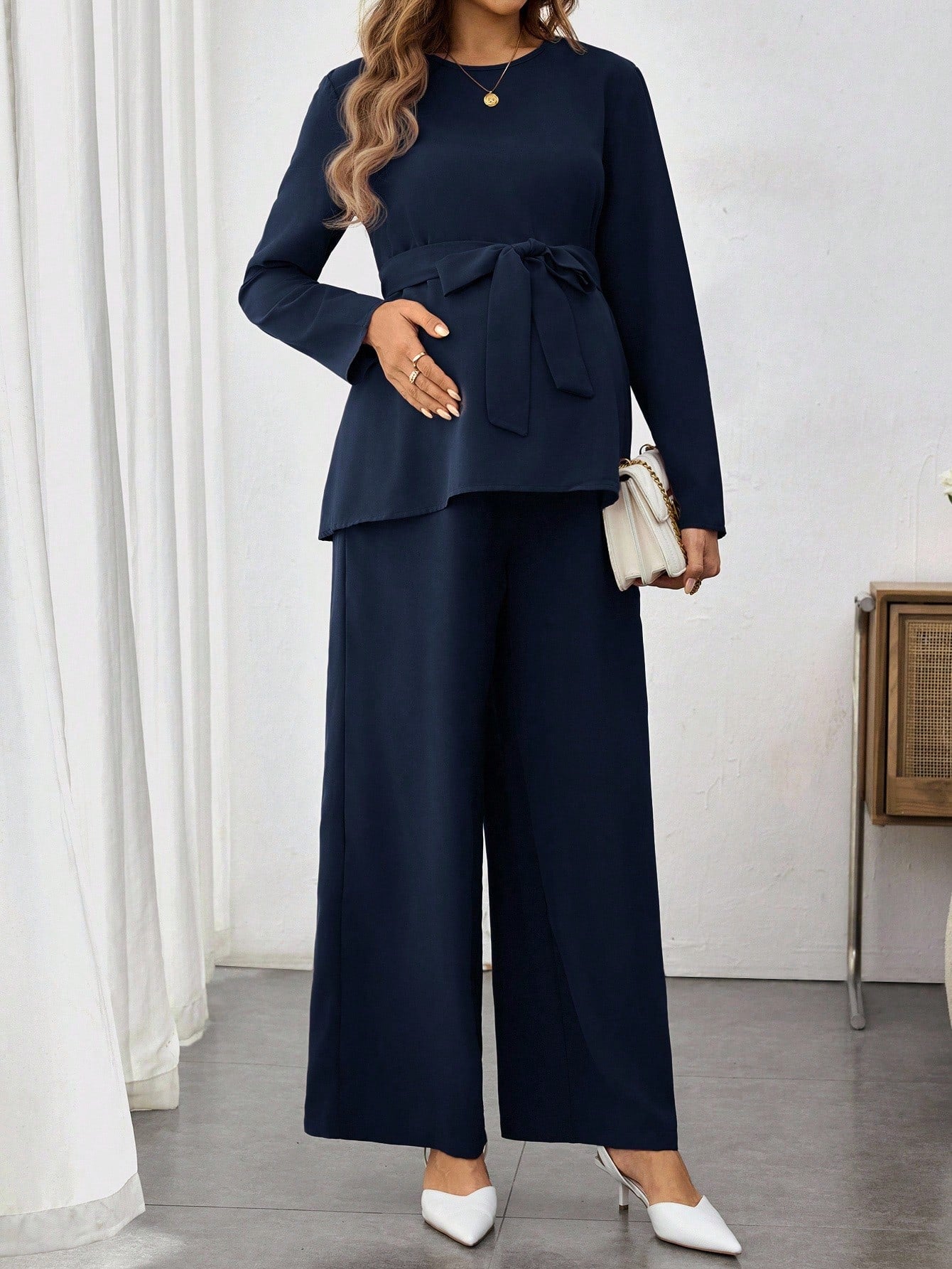 Maternity Long Sleeve Shirt & Wide-Leg Adjustable Pants Set Blue