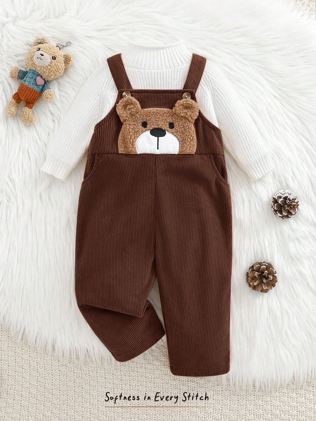 Cozy Pixies Baby Boy Cartoon Bear Bib Overall Jumpsuit (Autumn/Winter) Brown