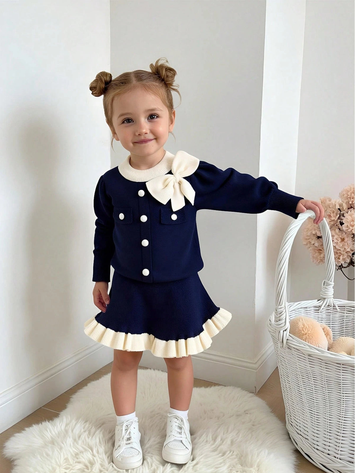 Baby Girls' Navy & White Bow & Ruffle Sweater & Skirt Set