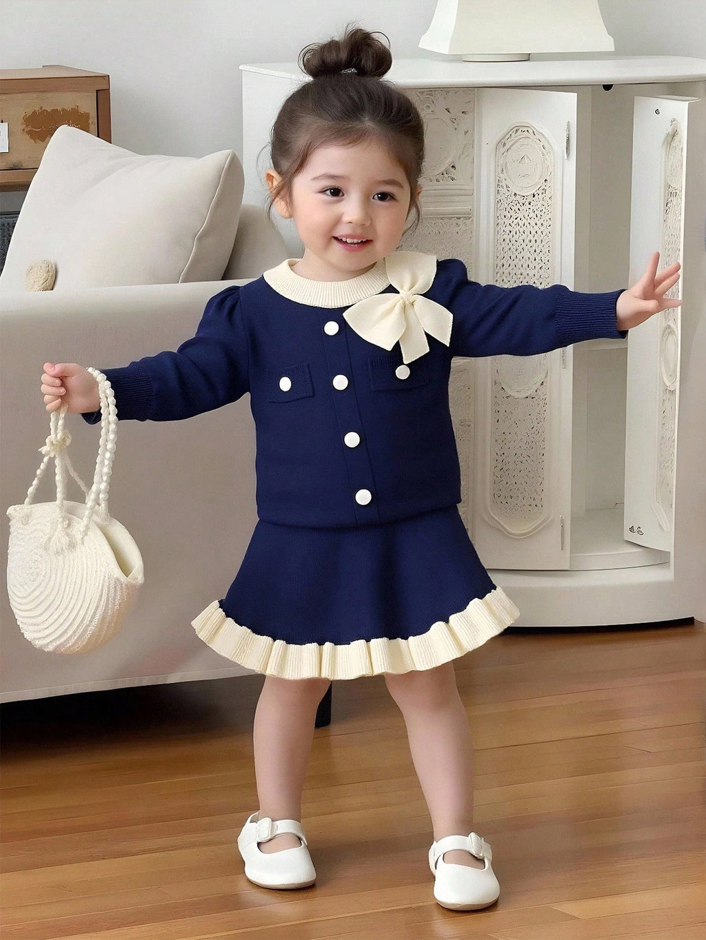 Baby Girls' Navy & White Bow & Ruffle Sweater & Skirt Set