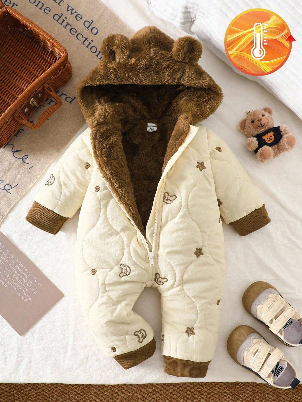 Baby's Polka Dot & Heart Embroidered Bear Hooded Winter Jumpsuit